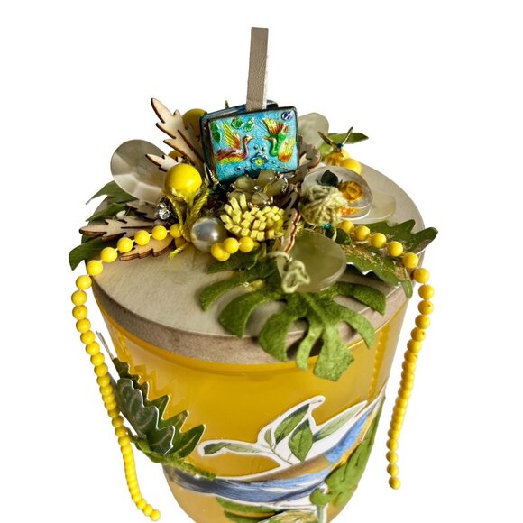 Blue Bird Upcycled Assemblage Art Upcycled Candle Holder Yellow Glass Storage - Picture 2 of 10